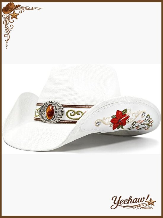 Embroidered Straw Cowboy Hat Adjustable Sizes Western Floral Design main image 4